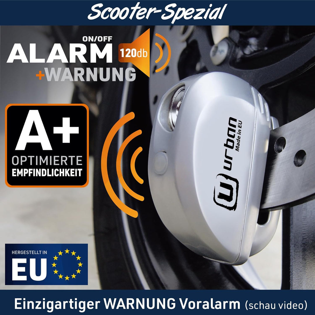URBAN SECURITY UR22 Diebstahlsicherung Bremsscheibenschloss Motorrad mit Alarm 120 dB Warnung, ø 6 m