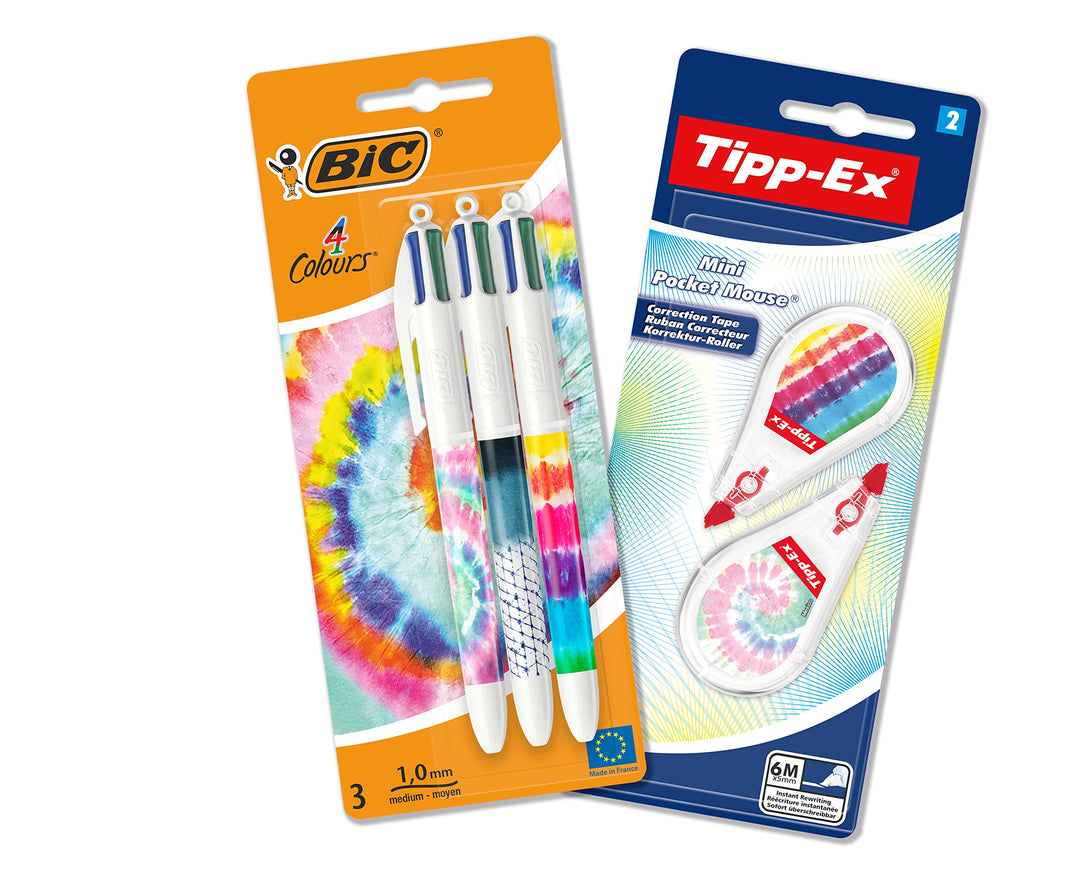 BIC 4 Colours 4 Farben Kugelschreiber und Tipp-Ex Korrekturroller Schreibwaren Set, in Tie Dye Batik