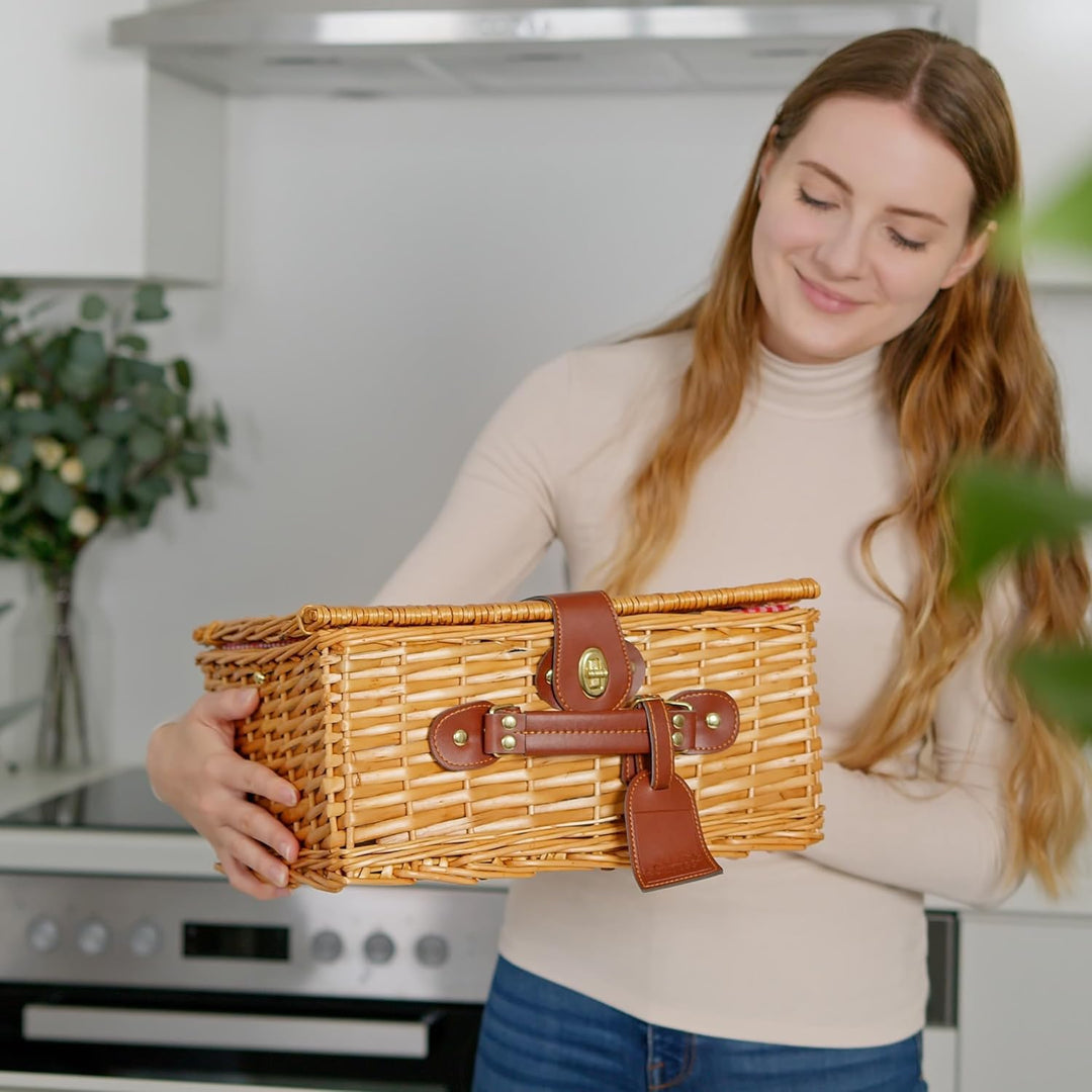 eGenuss Handgefertigtes Picknickkorb für 2 Personen mit Kühlfach, Multifunktionsmesser, Edelstahlbes