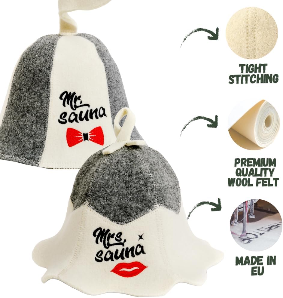 Sauna Guru Saunahut 'Mr and Mrs Sauna' White - 100% organische Wollfilzmützen - Schützen Sie Ihren K