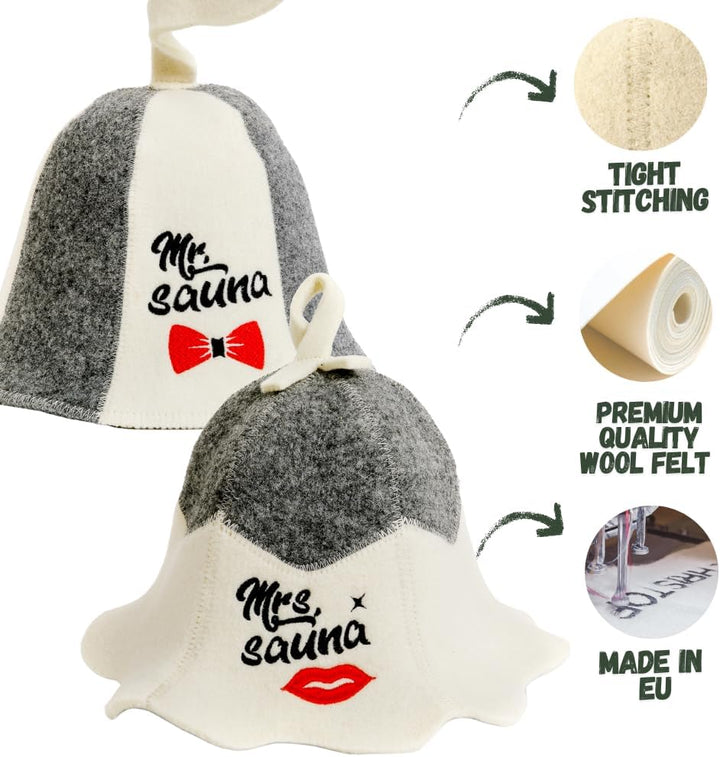 Sauna Guru Saunahut 'Mr and Mrs Sauna' White - 100% organische Wollfilzmützen - Schützen Sie Ihren K