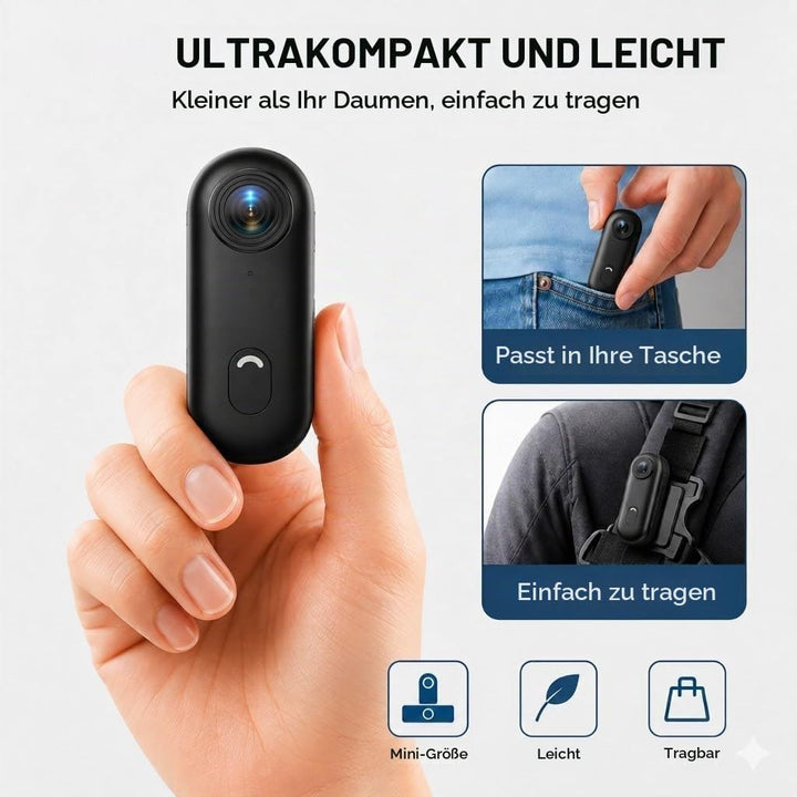 Winnes 4 K Mini Sportkamera, Tragbar,120 ° Weitwinkel, Sportkamera mit Clip hinten, 360 °, Audio- un