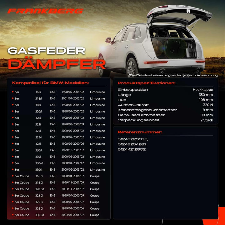 Frankberg 2x Gasfeder Dämpfer Heckklappe Kofferraum Kompatibel mit 3er E46 318 320 323 325 328 330 A