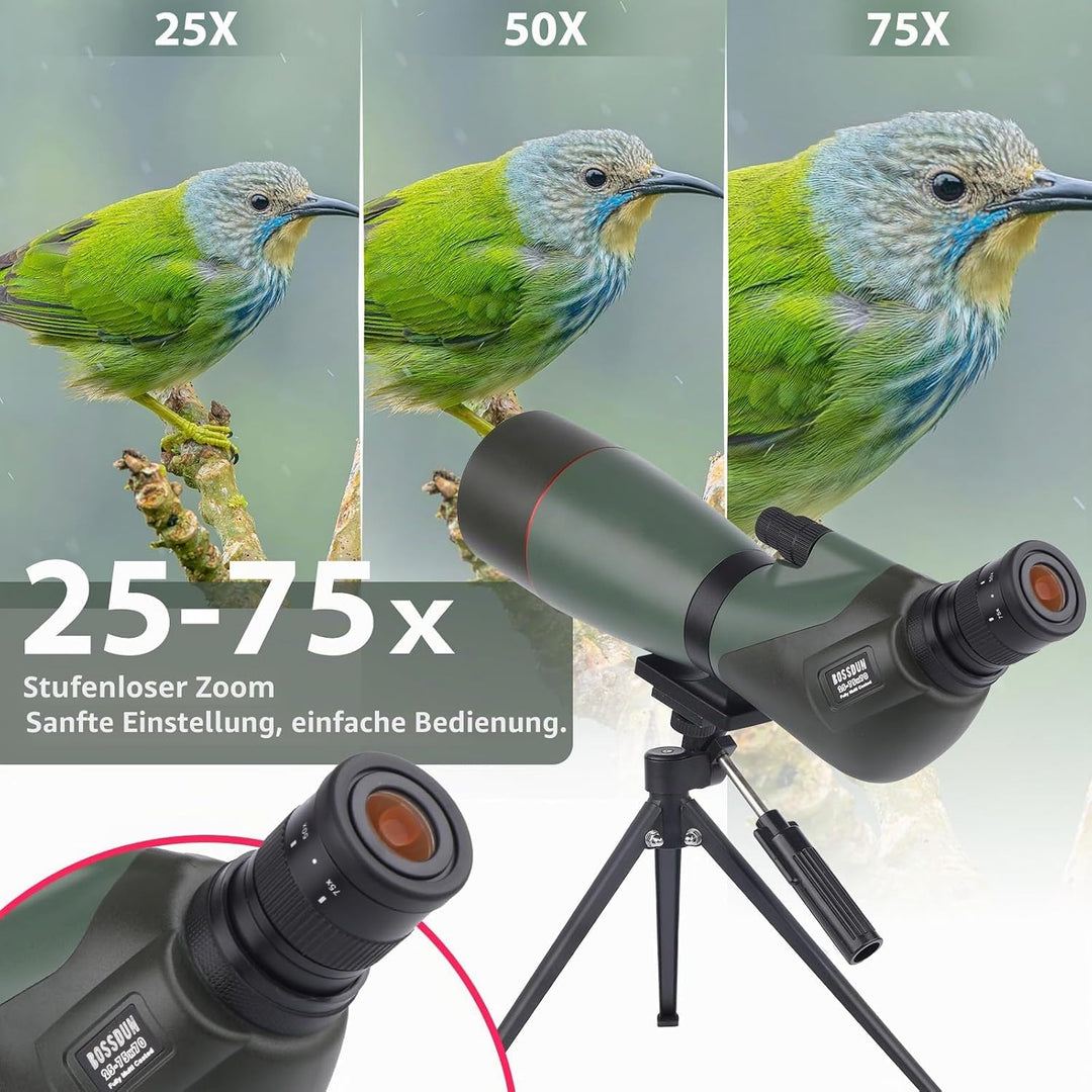 25-75x70 HD Spektiv Sportschützen mit Stativ- und Smartphone-Adapter, Zoom Bak4 Prism FMC Lens 45-Gr