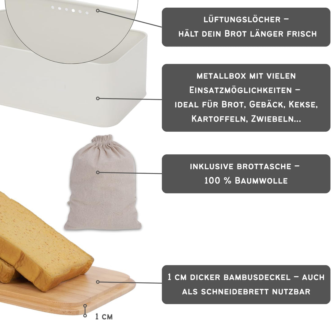 Brotkästen Metall mit Bambusdeckel – Moderne Brotbox Küche – Brot aufbewahren Inkl. Baumwollbeutel –