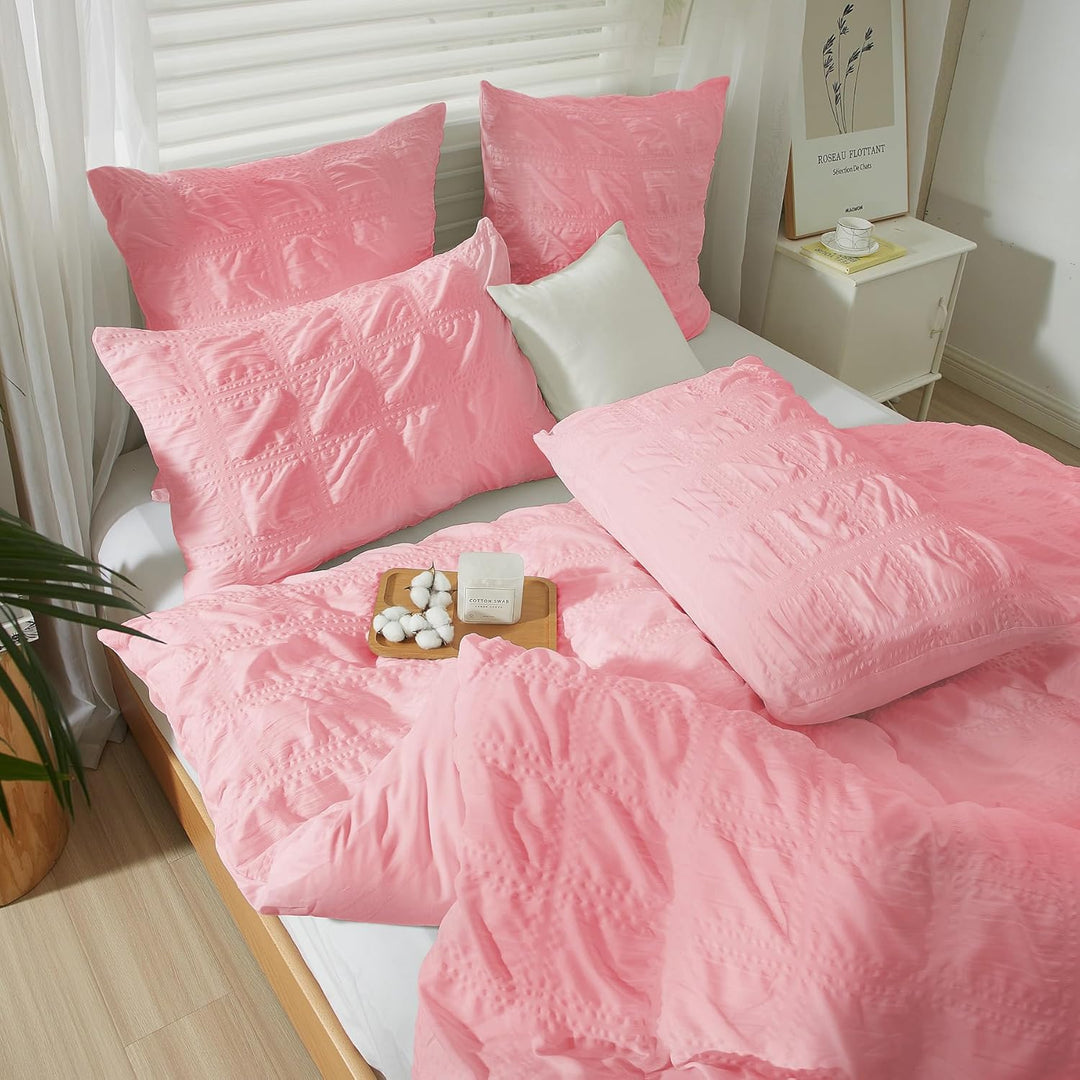 Seersucker Bettwäsche 135x200 Rosa Kariert Bettbezug Set Weich Atmungsaktiv Mikrofaser Bettwäsche Mo