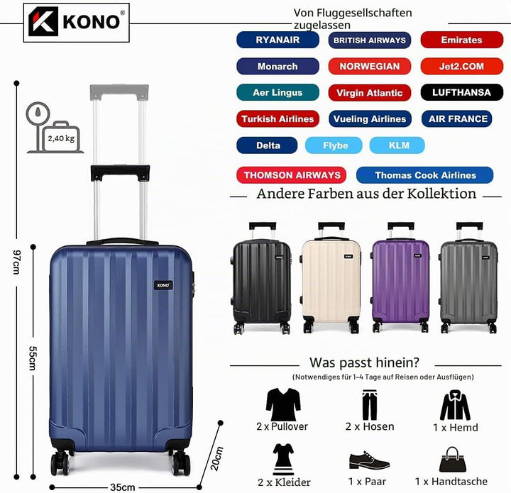 KONO Handgepäck Koffer Trolley ABS+PC Leicht Kabinenkoffer Reisekoffer mit 4 Rollen und Zahlenschlos