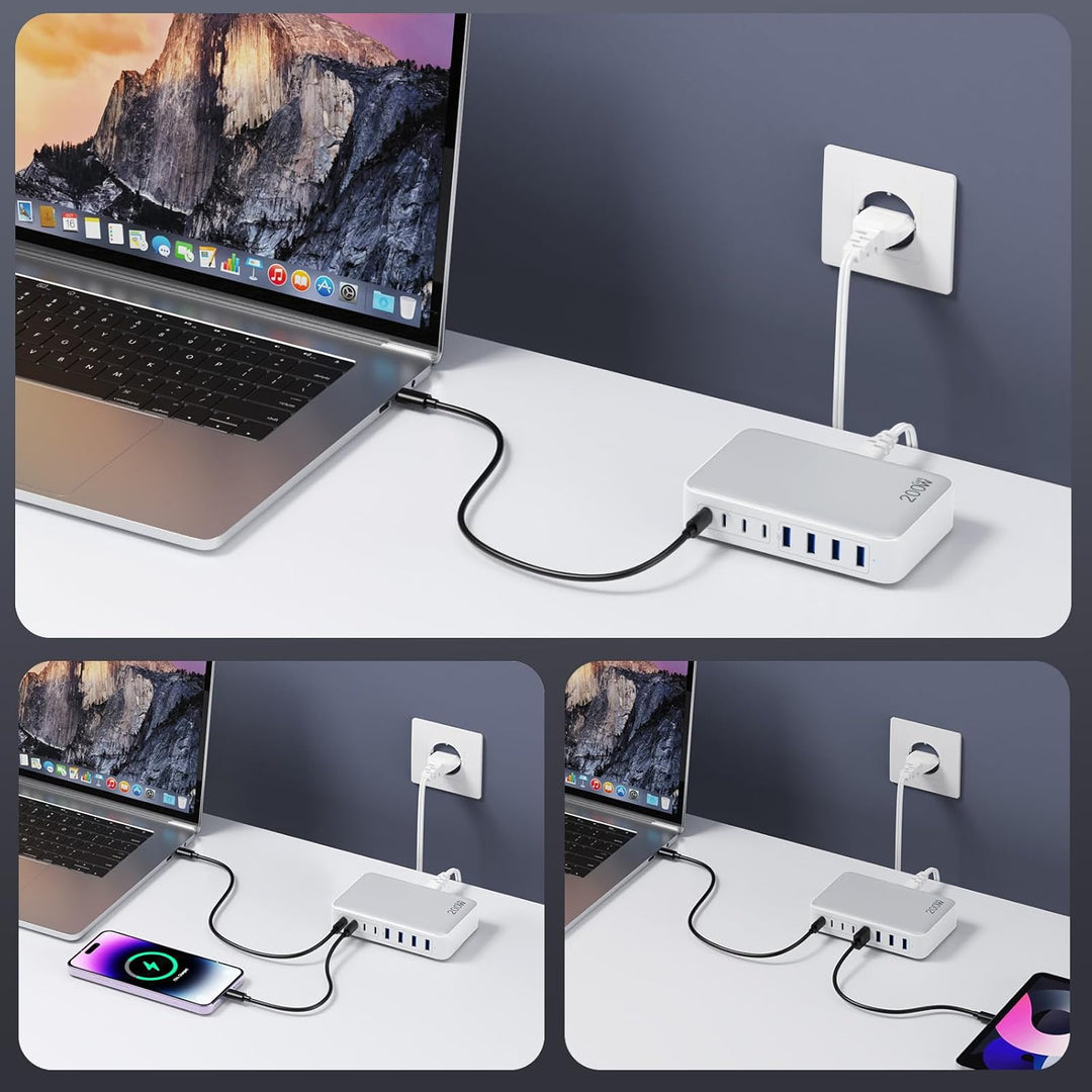 200W USB C Ladegerät, GaN III 8-Port USB Schnellladegerät PPS PD 65W Laptop Ladegerät Adapter USB C