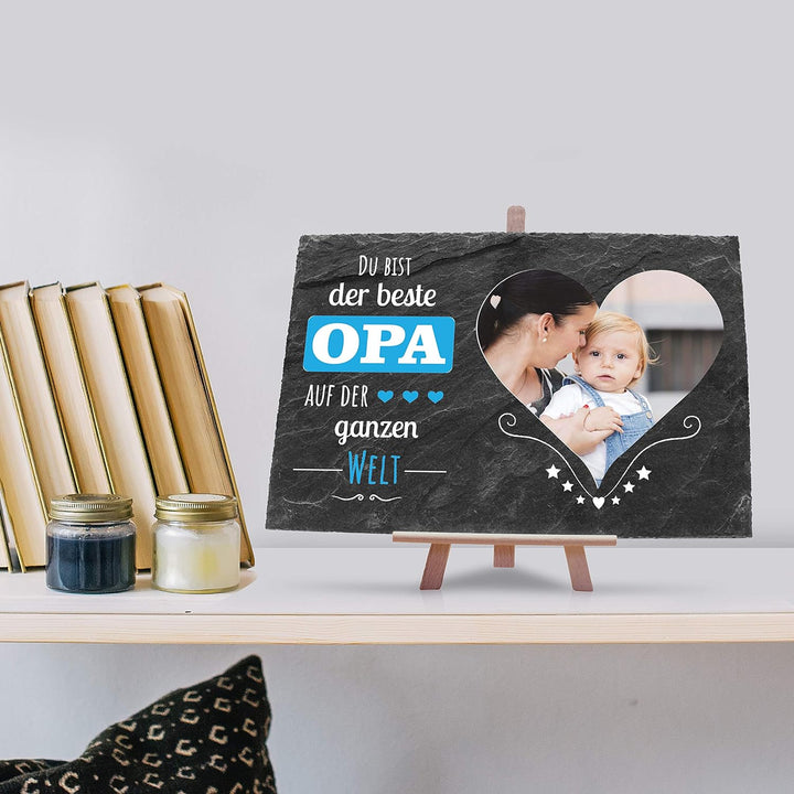 wandmotiv24 Schiefertafel Bester Opa mit Holz-Staffelei, Personalisiert mit Farb-Foto im Herz, Digit