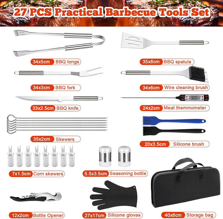 27Pcs Grillzubehör-Set aus Edelstahl, Professionelles Grillbesteck-Set, Grill-Zubehör, mit Aufbewahr