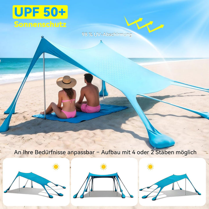 Purebox Strandzelt - Strand Sonnensegel mit UPF 50+, Einfacher Aufbau, mit 8 Sandsäcken, 10x10FT Son