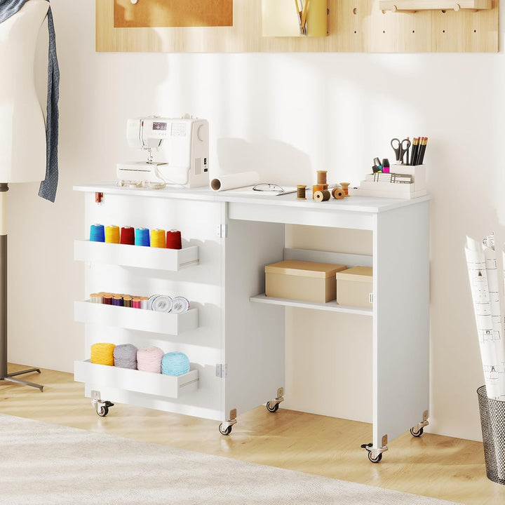 COSTWAY 2 in 1 Nähtisch klappbar, Nähmaschinenschrank aus Holz mit Regalen & Ablagefach, Nähschrank
