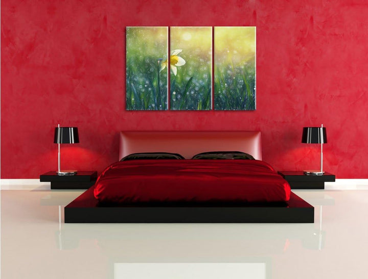 Pixxprint Narzissenblume in der Morgensonne Kunst Buntstift Effekt 3-Teiler Leinwandbild 120x80 Bild