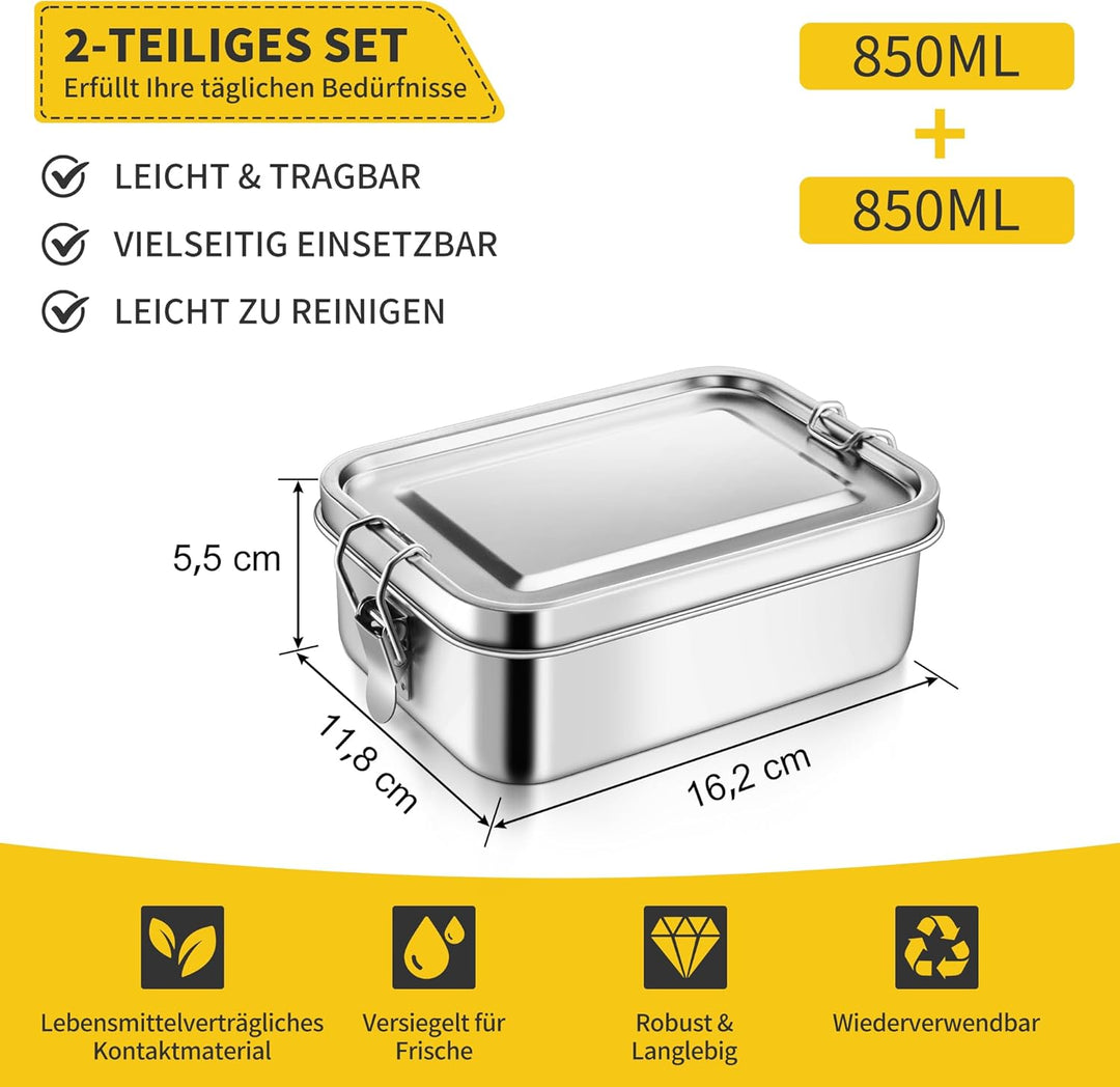 Joyfair Brotdose mit Fächern, 2 Stück Edelstahl Bento Box mit Abnehmbar Fächern für Erwachsene & Kin