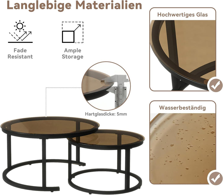 Hawthyhome 2 Stücke Beistelltisch Set rund, Moderne Kaffeetische, Couchtisch aus Glas mit Metallrahm