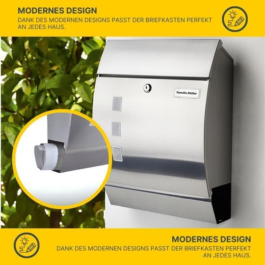 MeLiTec Edelstahl Briefkasten Modell P mit Zeitungsfach und Namensschild, matt, Modell P