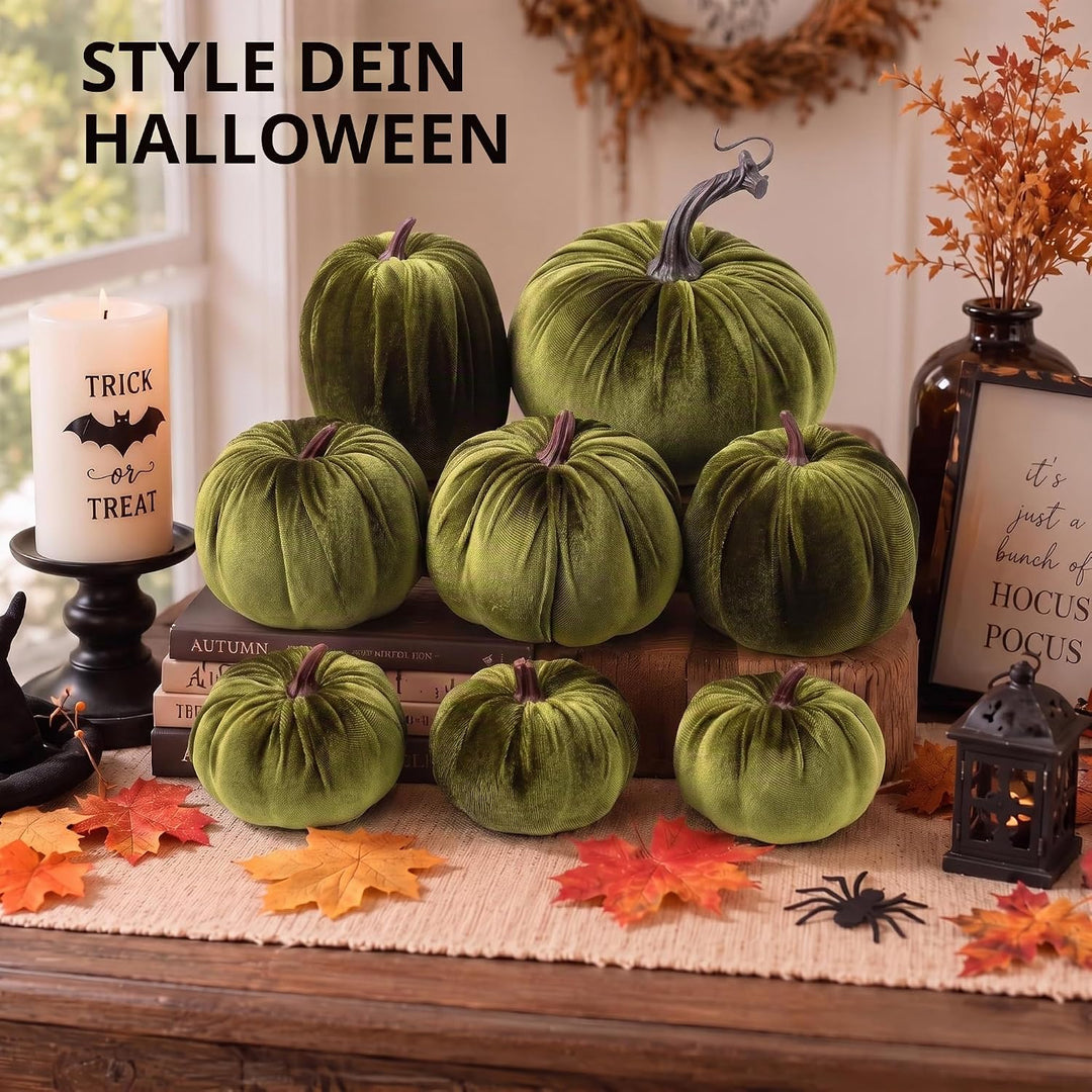 Meiwlong 8 Stück Gemischt Künstlich Kürbisse Grün Samt Tuch Halloween Erntedank Dekoration Requisite