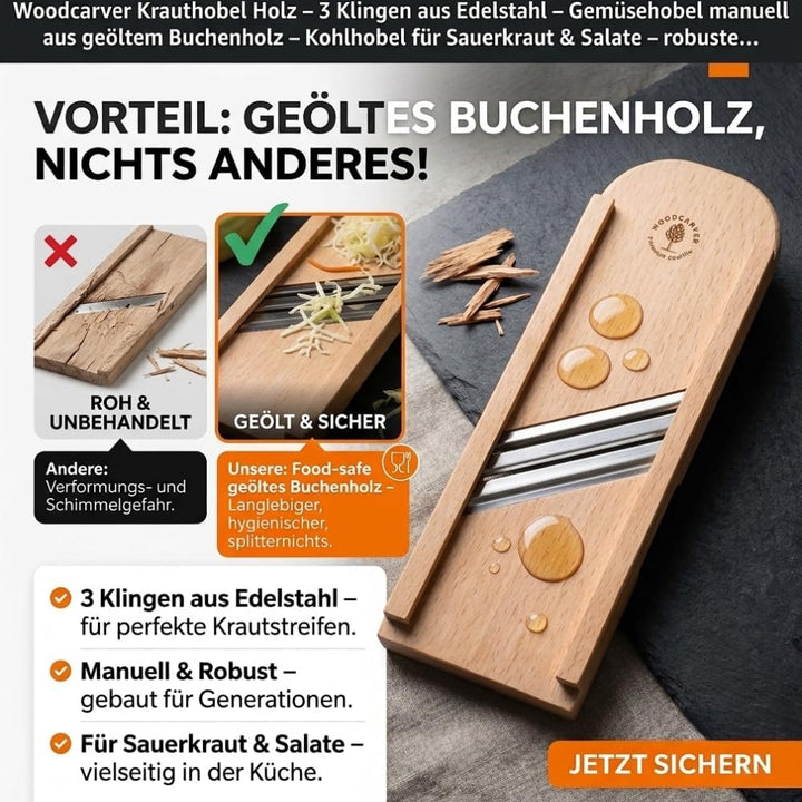 Woodcarver Krauthobel Holz – 3 Klingen aus Edelstahl – Gemüsehobel manuell aus geöltem Buchenholz –