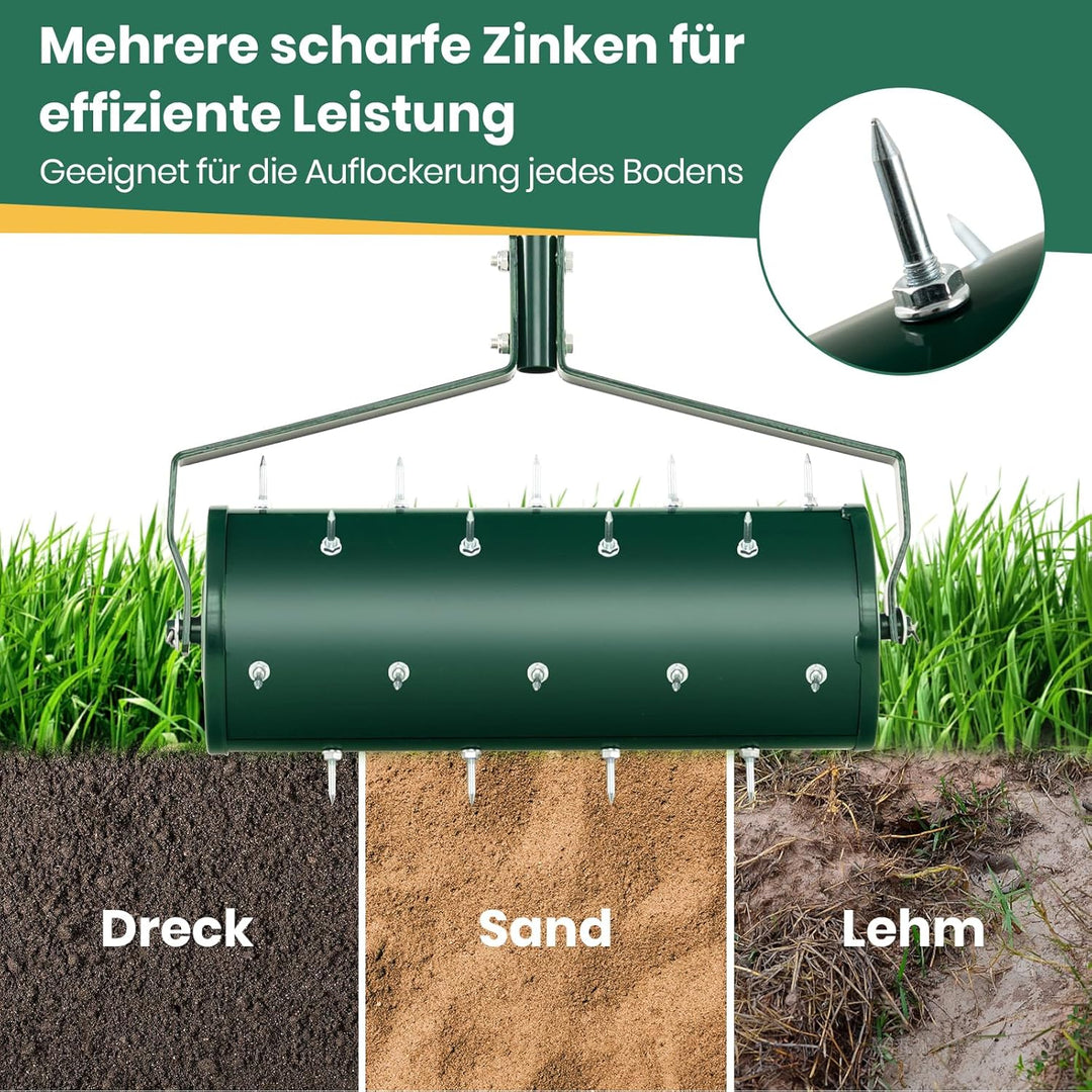 RELAX4LIFE Rollender Rasenlüfter, Rasenrolle mit 44 cm Breite, Handvertikutierer mit Stiel & Nägeln,