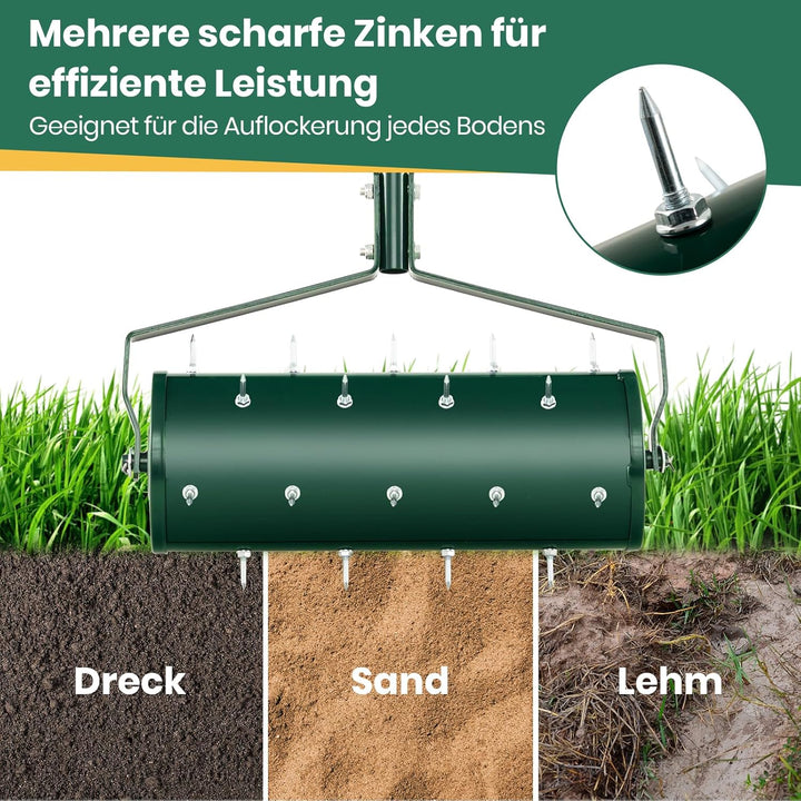 RELAX4LIFE Rollender Rasenlüfter, Rasenrolle mit 44 cm Breite, Handvertikutierer mit Stiel & Nägeln,
