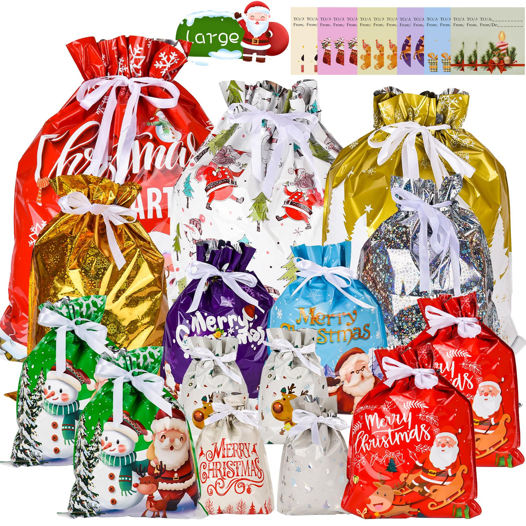 Weihnachts Geschenkbeutel mit Kordelzug - 15 Stück mit 15 Anhängern, 7 Designs, 5 Grössen, Wiederver