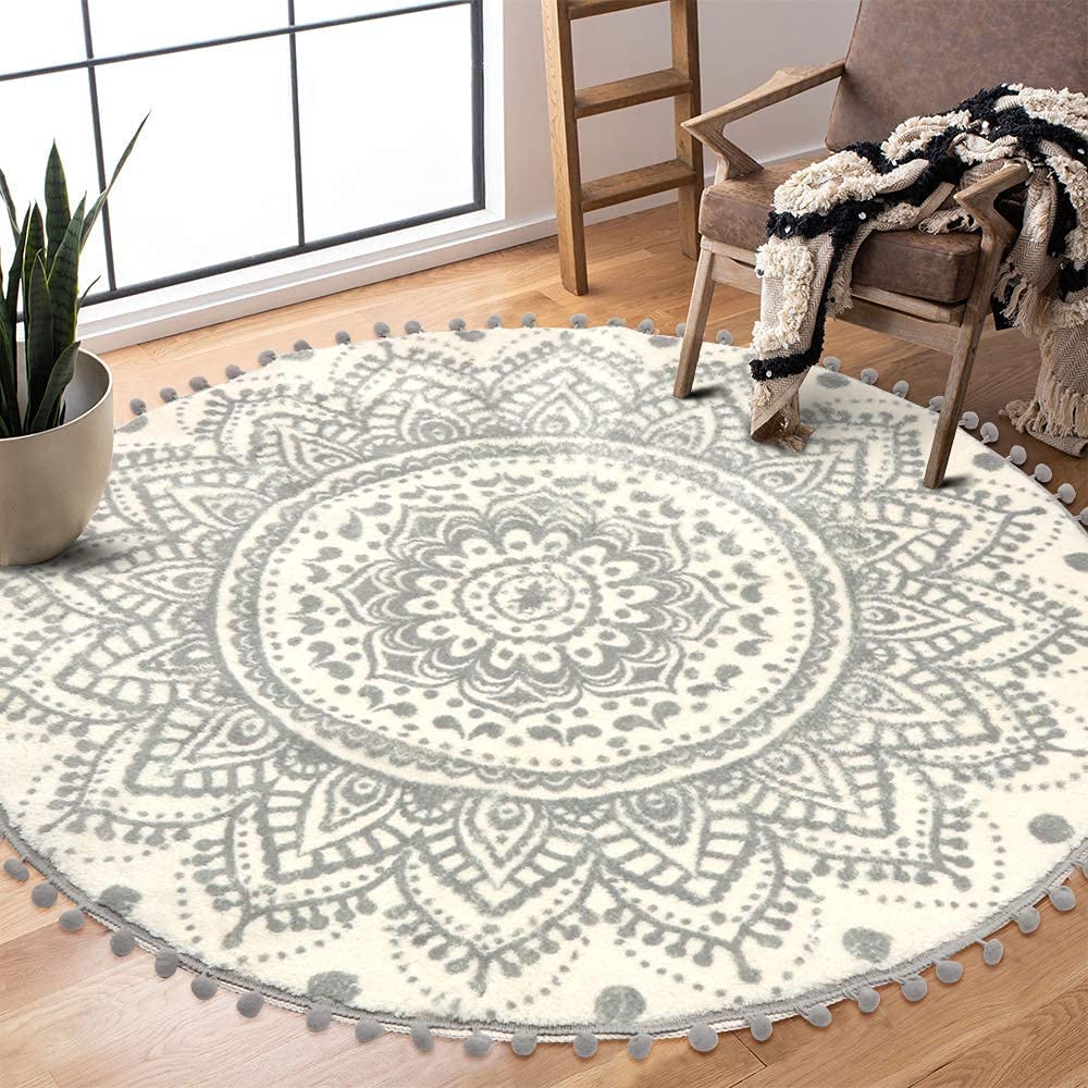 KIMODE Boho Runder Grau Teppich 120cm Mandala Schlafzimmer Weicher Grosser Teppich mit Pom Pom Frans