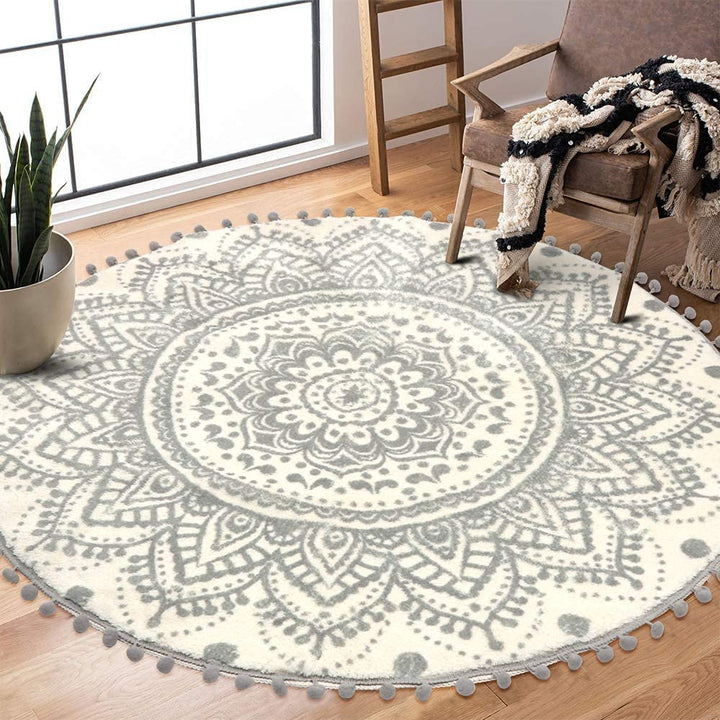 KIMODE Boho Runder Grau Teppich 120cm Mandala Schlafzimmer Weicher Grosser Teppich mit Pom Pom Frans