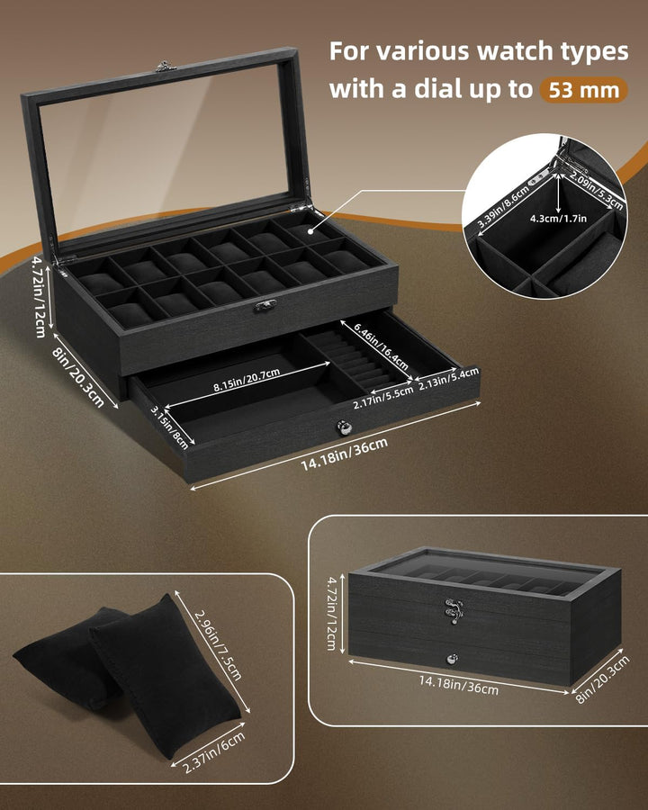 Uten Uhrenbox mit 12 Fächern, 2 Ebenen Uhrenkasten aus Massivholz mit Glasdeckel, Uhrenkissen Seiden