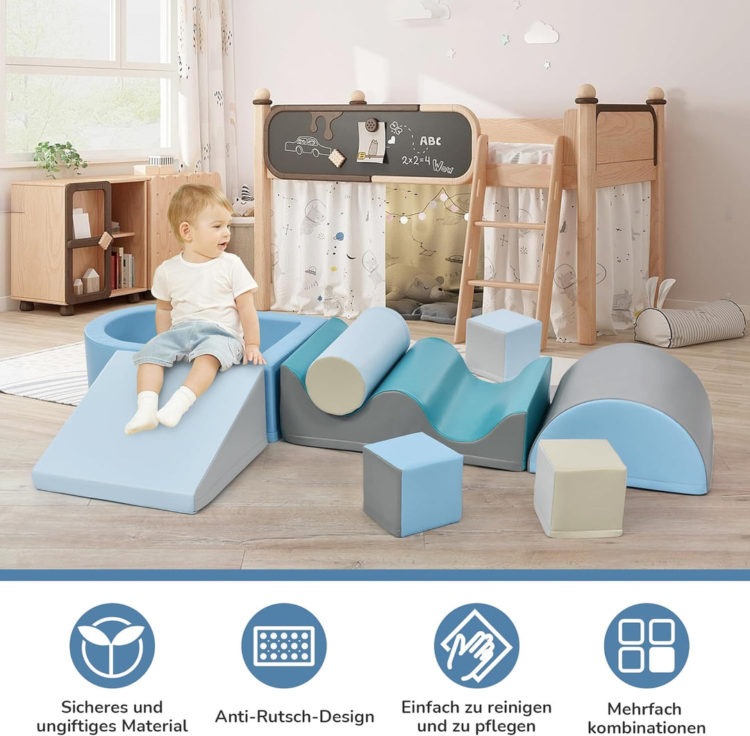 Schaumstoffbausteine 9-teilig mit Bällebad und Rutsche – Indoor Klettergerüst mit Ballpool, wasserfe
