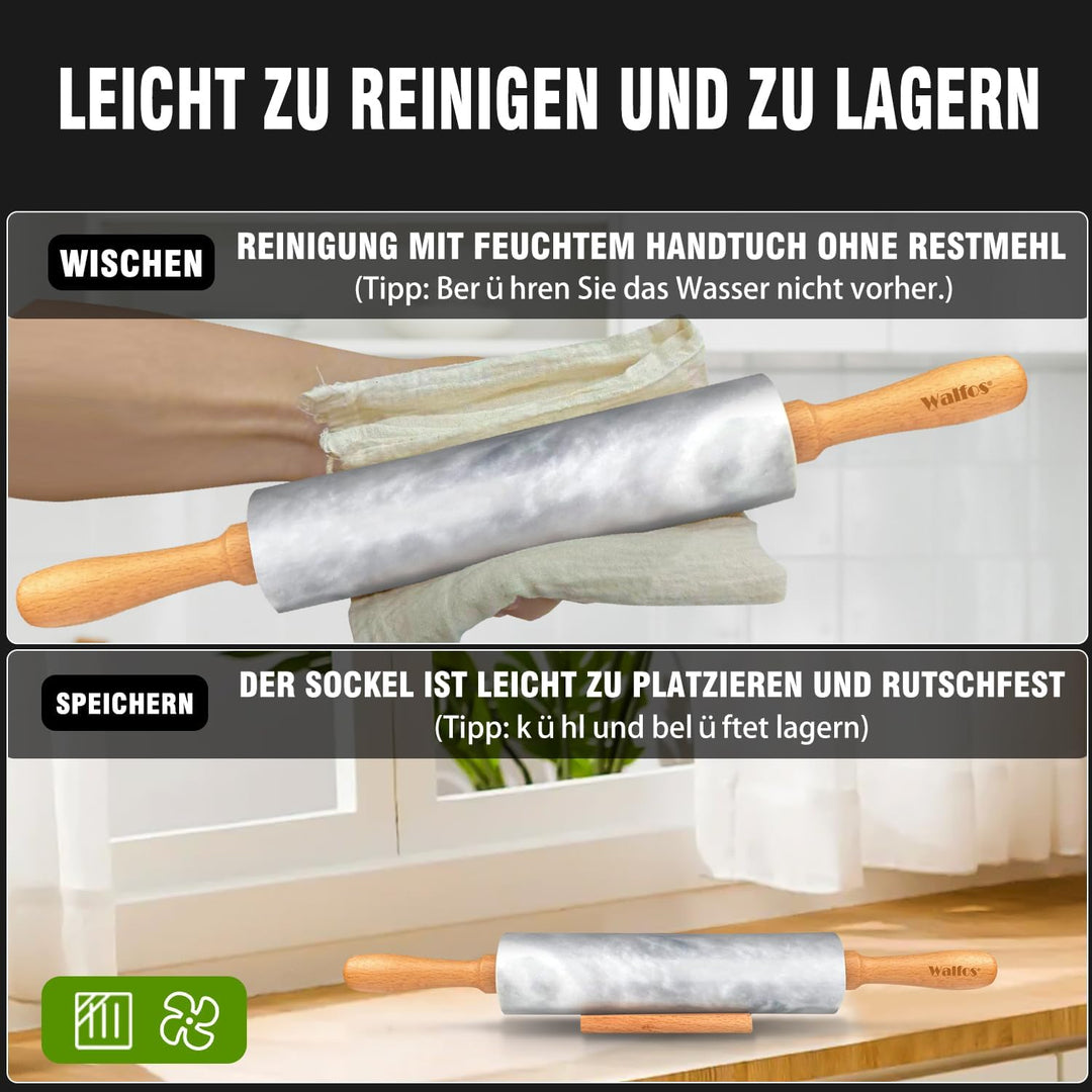 Walfos Nudelholz Marmor mit Holzgriffen & Holzwiege, 42cm Marmor-Nudelholz zur Herstellung von Pizza