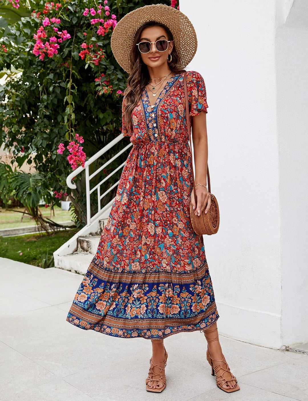 Clearlove Damen Sommerkleid Boho Kurzarm Midi Kleider V-Ausschnitt Strandkleid lang Blumenkleid Rüsc