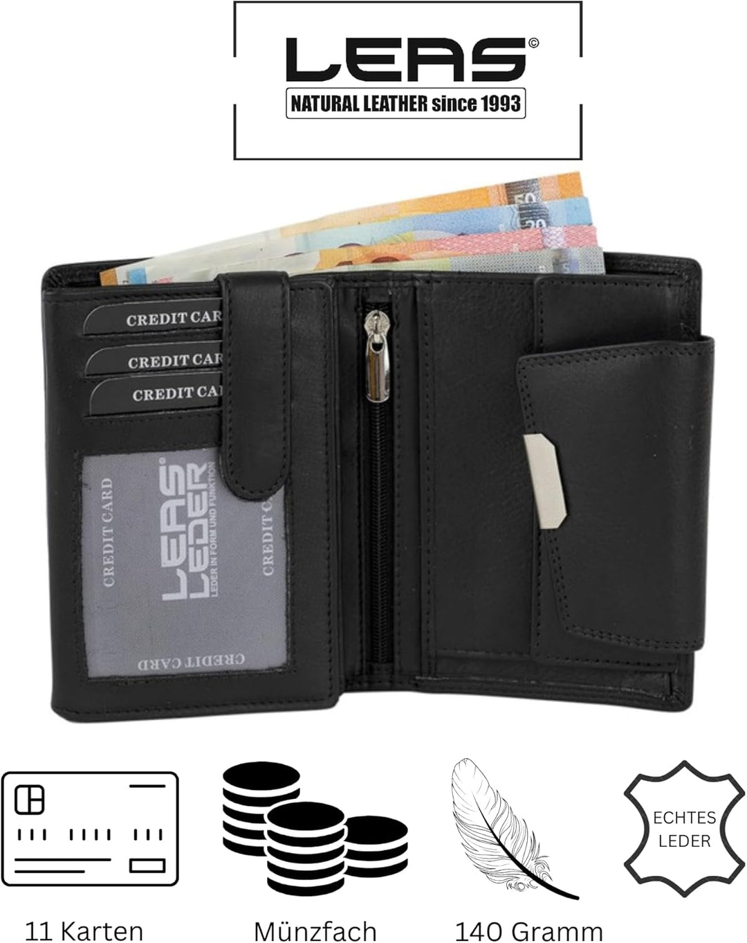 Damenbörse Portemonnaie Geldbörse im Hochformat LEAS in Echt-Leder, schwarz - Ladies-Collection