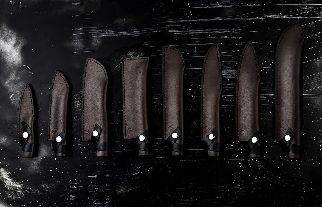 Forged Klingenschützer, Santoku Messer von 14cm, Aus braunem Leder, Mit Druckknopfverschluss