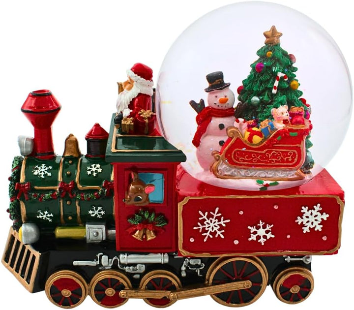 Schneekugel als Lokomotive mit Spielwerk, Schneemann, Weihnachtsmann und Tannenbaum, Sockel als Lok,