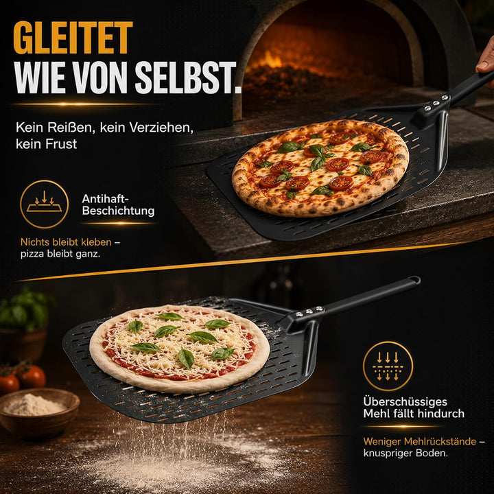 Pizzaschieber Set mit Perforiertem Schieber &amp; Pizzaschneider, Antihaft Beschichtung, Pizza Wiegemess