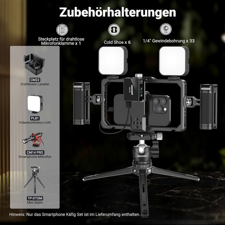 NEEWER Verbesserte Phone Käfig Cage Rig Vlogging Set, Videostabilisator mit doppeltem Griff drahtlos