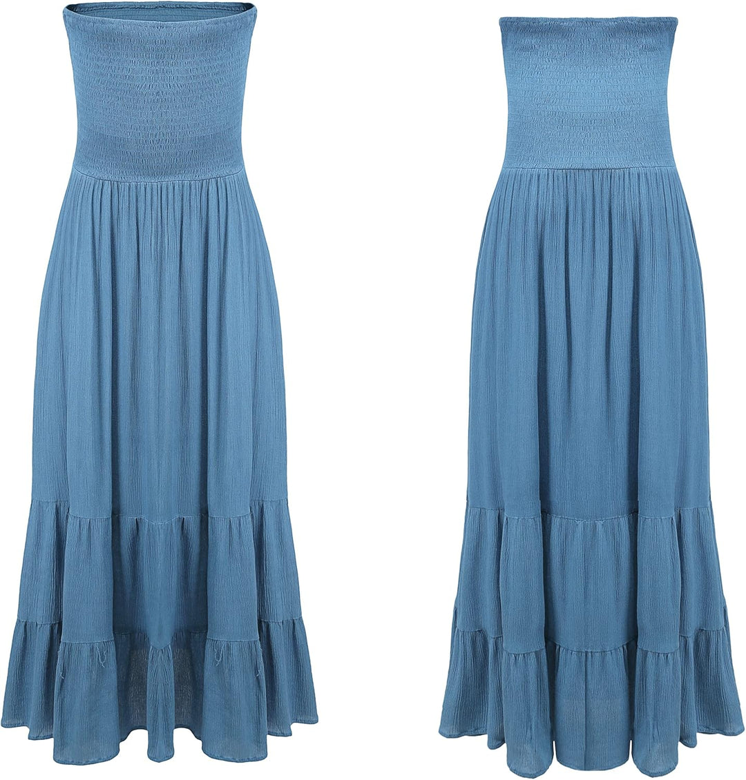 R.Vivimos Sommer Boho Trägerloses Bandeau Shirred Rüschen Tube A Linie Maxikleid L Blau#2, L Blau#2