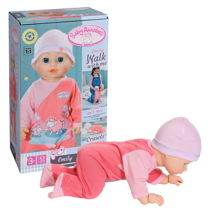 Baby Annabell Emily lauf mit Mir 43cm, Krabbel- und Lauflernpuppe mit Soundfunktion, rosa Strampler