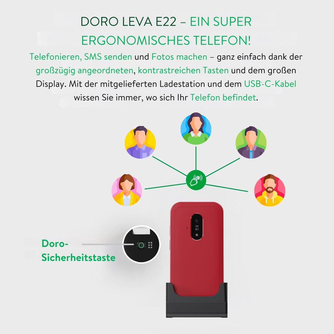 DORO Telefon – Doro Leva E22 – 4G Klapphandy für Senioren – 2,8 Zoll Display, kontrastreiche Tasten,