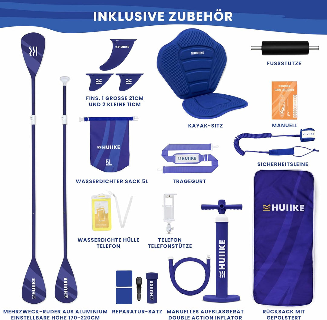 HUIIKE Stand Up Paddling Board mit Zubehör, Paddel, Finnen, Leash, Pumpe, Rucksack. SUP-Board Aufbla
