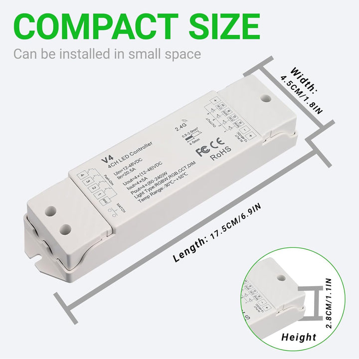 JOYLIT LED Streifen Controller 12-48V 4 Polig 5A/CH 4 in 1, 2.4G PWM Dimmbarer Farbwechsel RGB RGBW