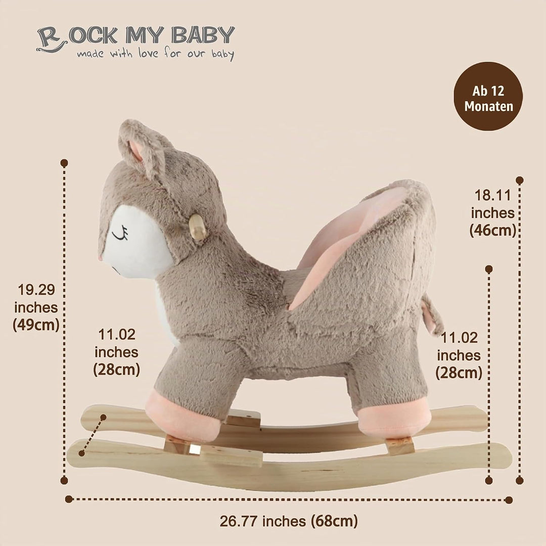 Plüsch Rocking Horse - weicher gefüllter Körper, Sicherheitssitz Stuhl, Holz Rockers, Musikknopf - K