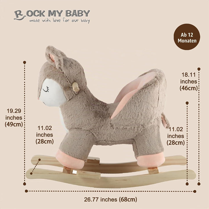 Plüsch Rocking Horse - weicher gefüllter Körper, Sicherheitssitz Stuhl, Holz Rockers, Musikknopf - K