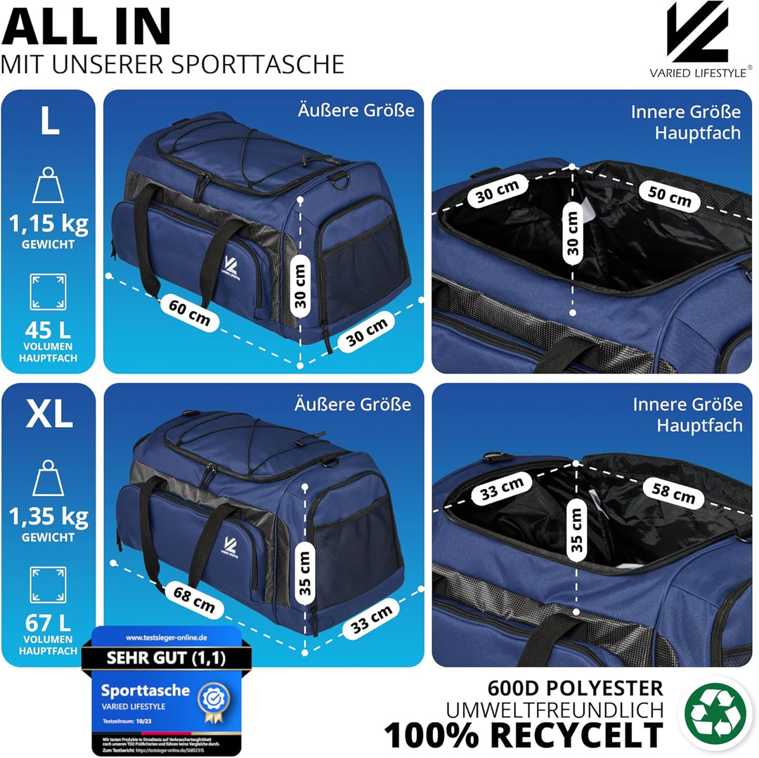 VL® Sporttasche Gross mit Schuhfach, Nassfach & [Isoliertes Kühlfach] Saunatasche & Reisetasche für