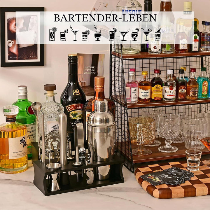 Cocktail Shaker Set mit Bambus Ständer & Rezeptbuch, Edelstahl 750ml Bar Cocktailset Cocktailshaker