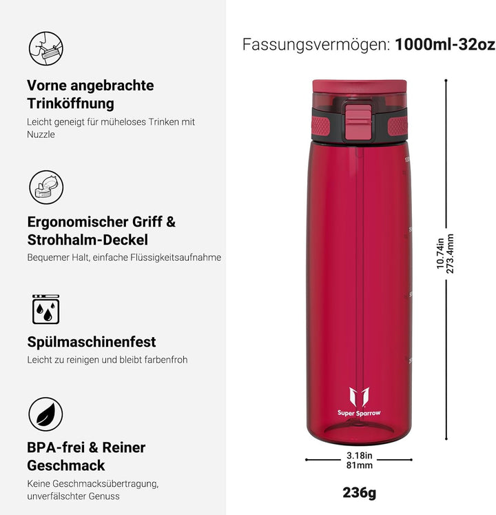 Super Sparrow Trinkflasche - TouchSip Wasserflasche - 500ml, 750ml, 1000ml - BPA-frei - Ideale Sport