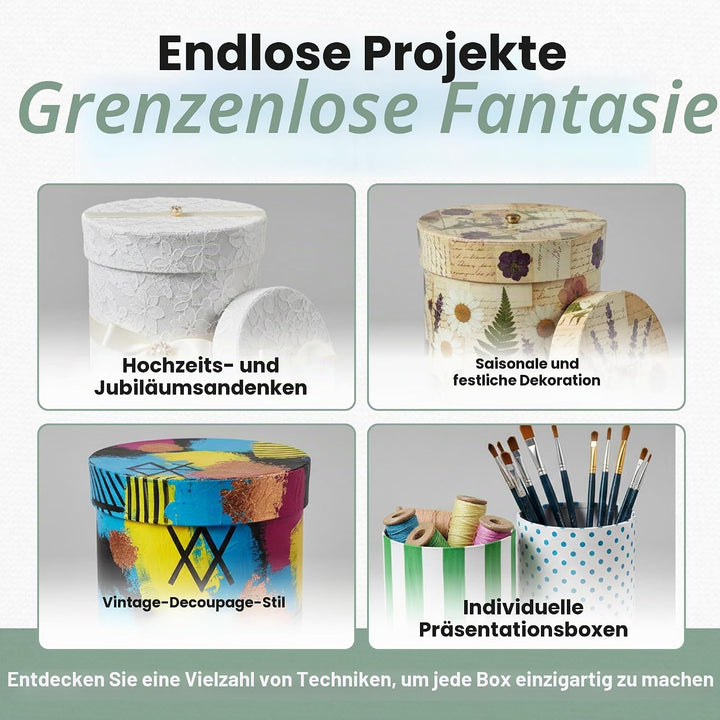 Runde Boxen, rund, D: 7+9+12+14,5+17+19,5+22 cm, H: 7,5+10,2+12,7+15,2+17,7+20,2+22,7 cm, weiss, 7 S