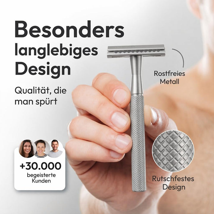 Rasierhobel Silver Edition - Set mit Ständer und 5 ASTRA Klingen - Zero Waste Rasierer aus Metall 4.