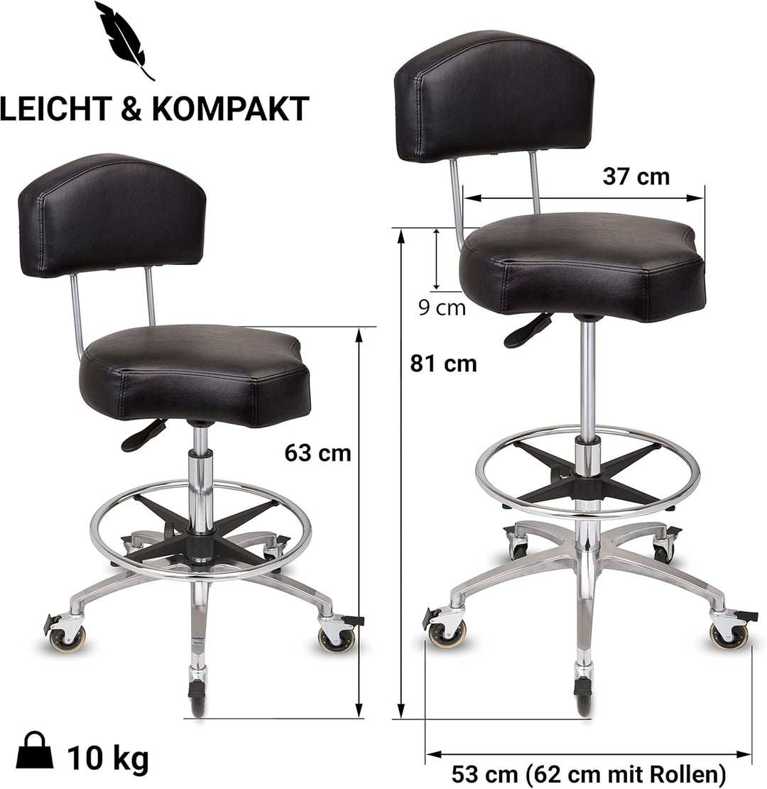 Staboos Rollhocker bis 160 kg - Ergonomisch geformter Sitz mit Bremse und Lehne - Drehhocker (Premiu