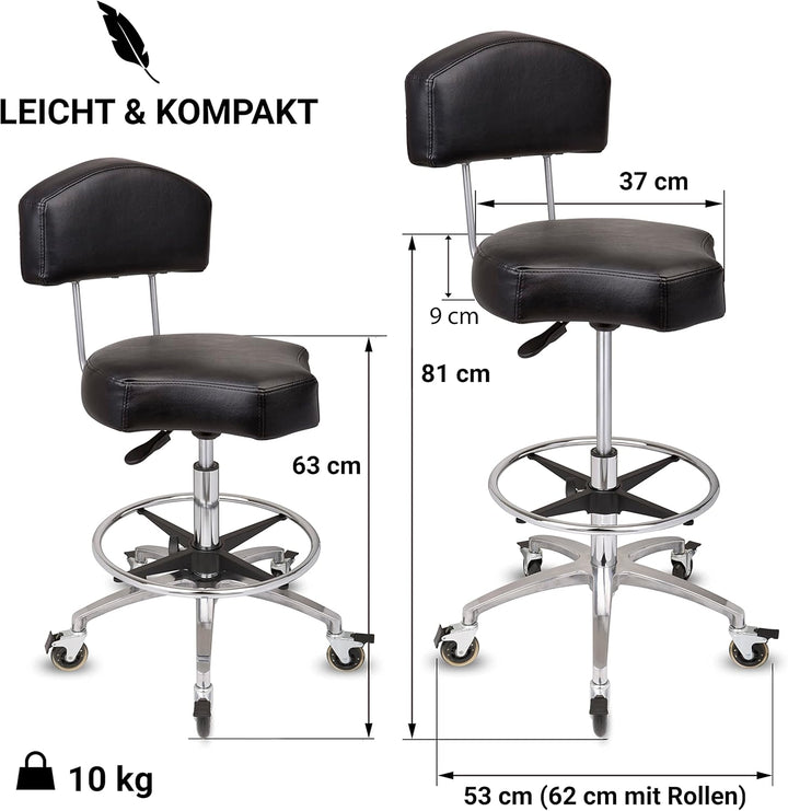Staboos Rollhocker bis 160 kg - Ergonomisch geformter Sitz mit Bremse und Lehne - Drehhocker (Premiu